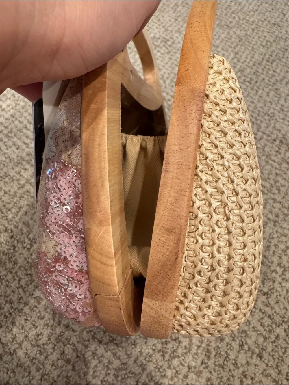 NEW Haute Hippie Pink Sequin Floral Wood-Handle Crossbody Bag Purse